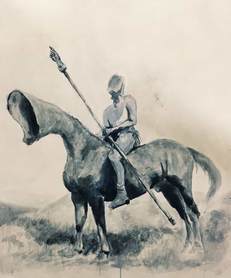 Orang Runcuk Dalam is riding a Runcuk Horse while holding his Tombak Tuding